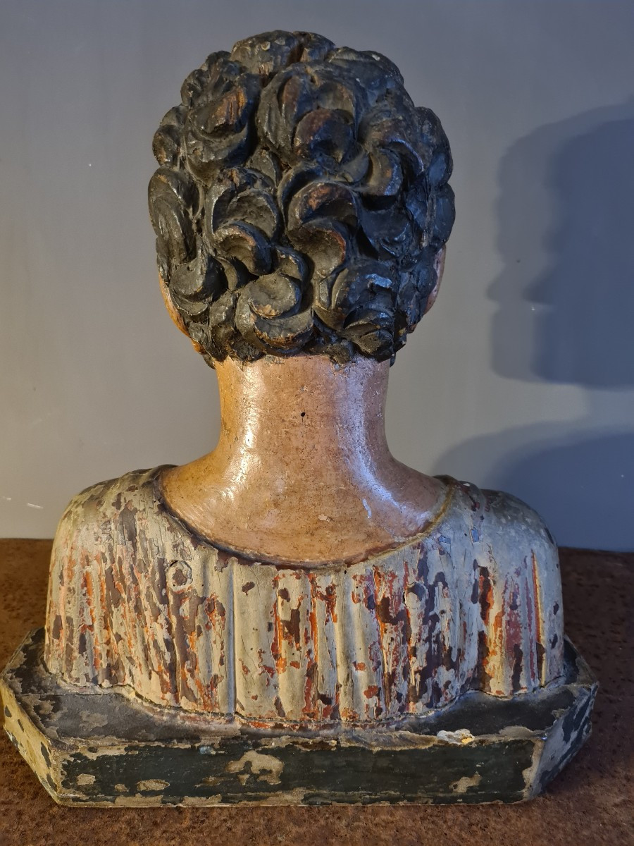 Male Bust In Carved Wood 17th Century -photo-2
