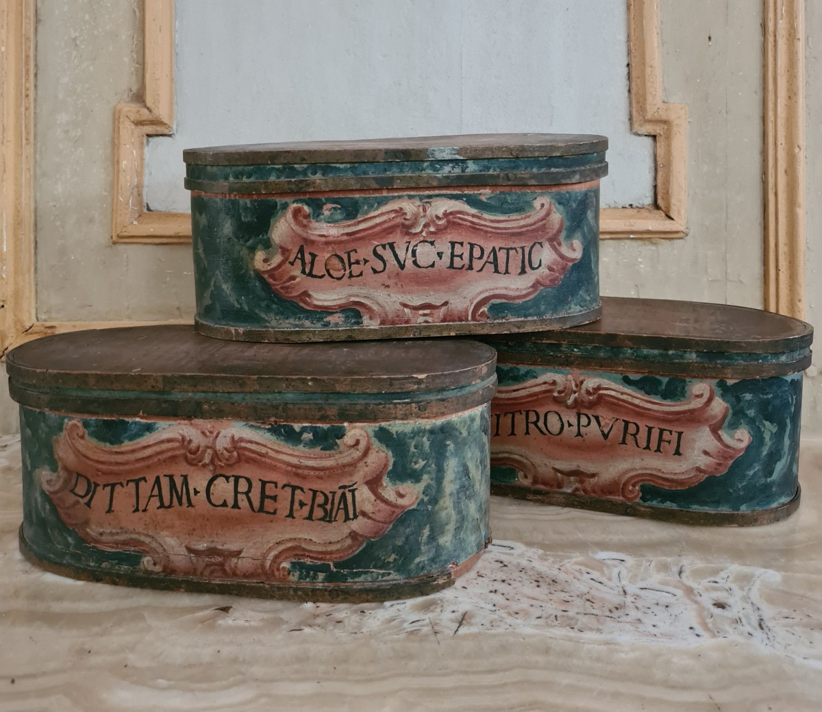 Group Of Eight Polychrome Wooden Pharmacy Containers Late 18th Century -photo-2