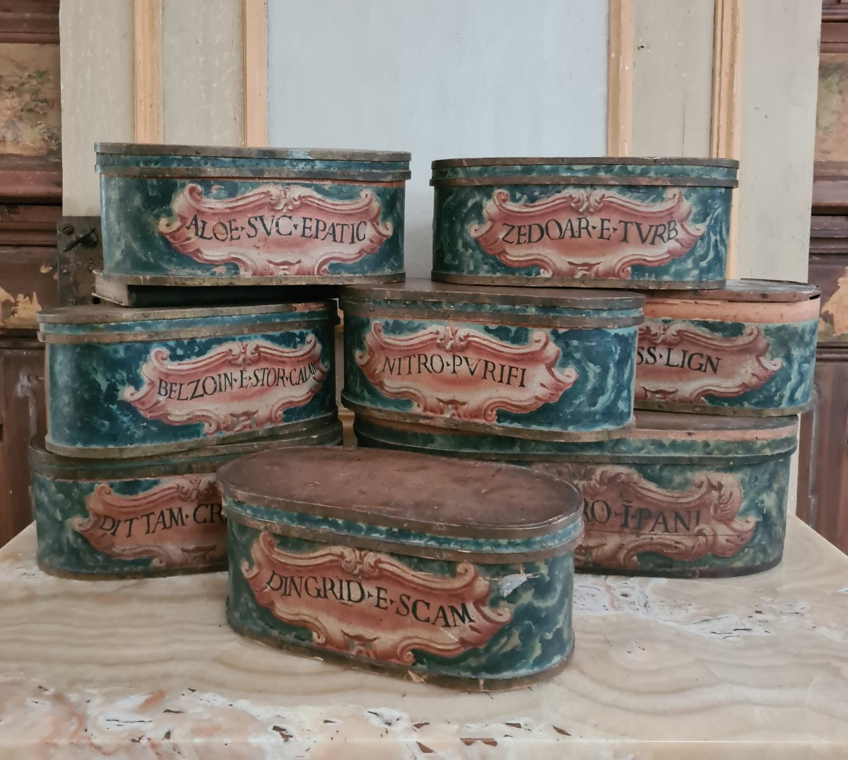 Group Of Eight Polychrome Wooden Pharmacy Containers Late 18th Century 