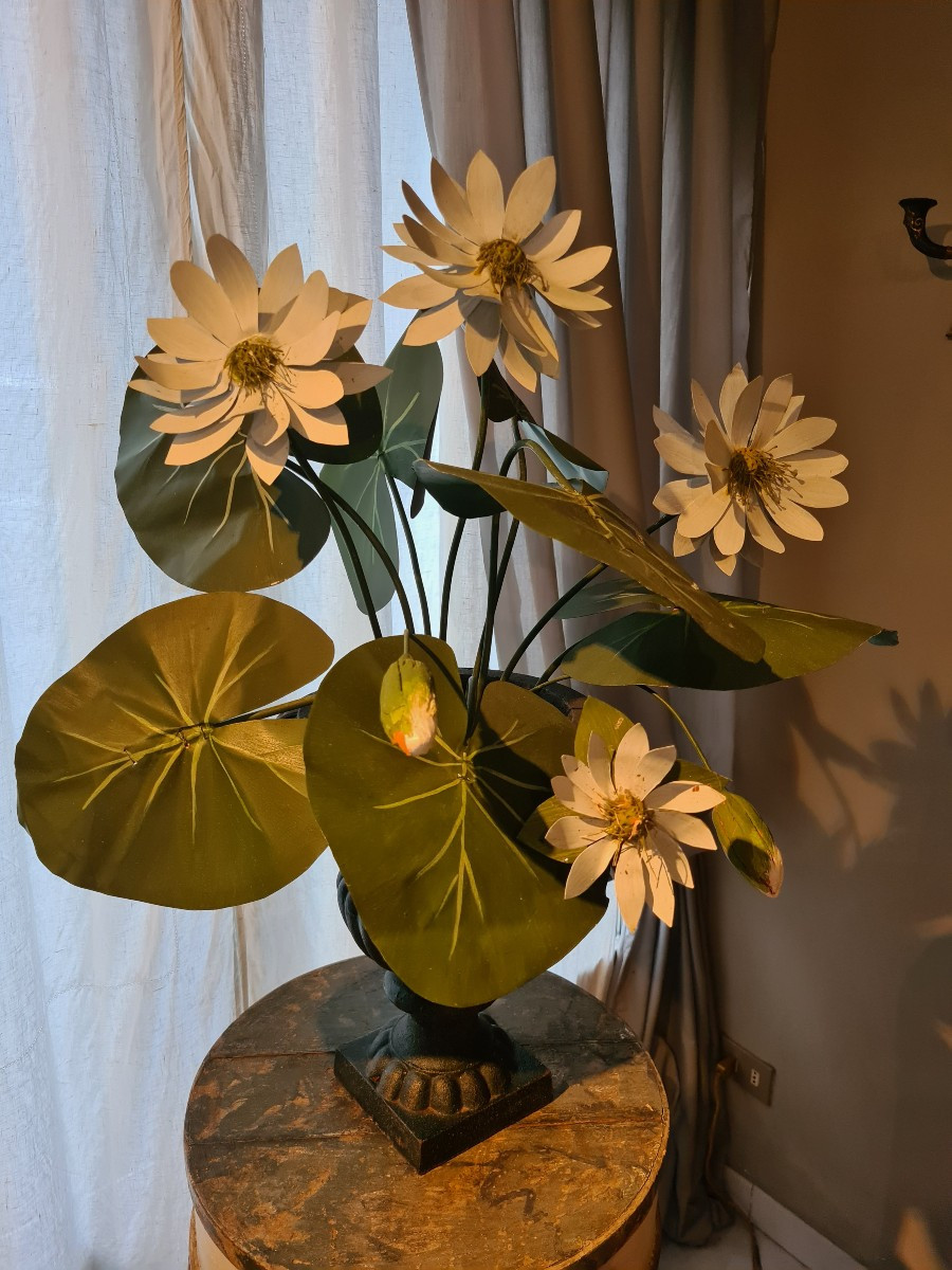 Pair Of Cast Iron Cases With Painted Copper Flowers And Leaves-photo-4