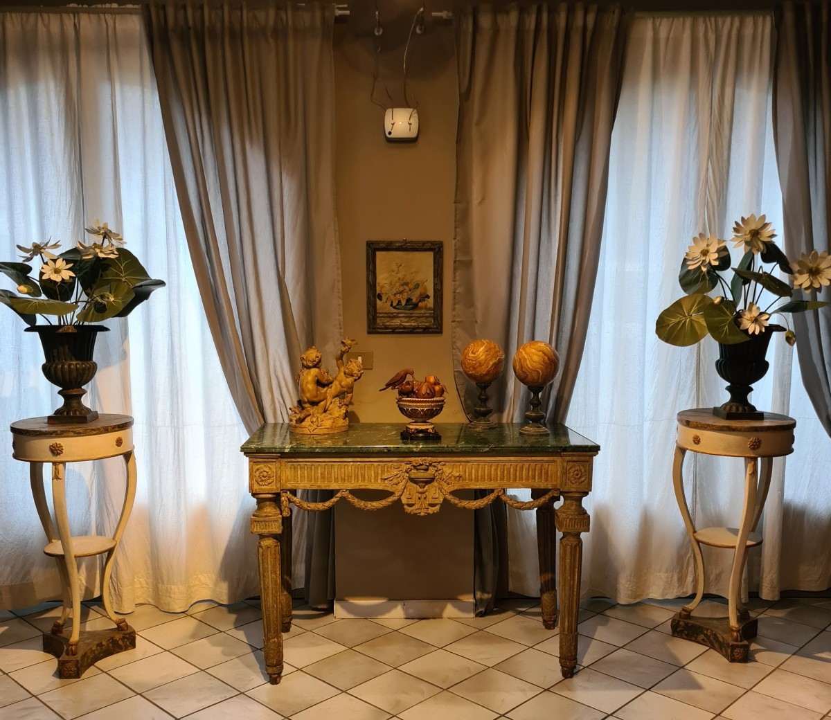 Pair Of Cast Iron Cases With Painted Copper Flowers And Leaves-photo-1