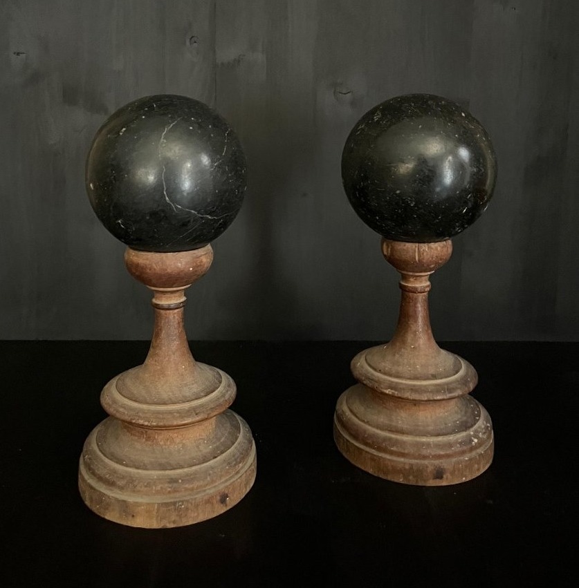 Pair Of Antique Black Marble Spheres-photo-2