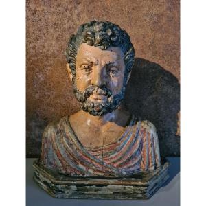 Male Bust In Carved Wood 17th Century 
