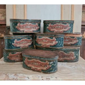 Group Of Eight Polychrome Wooden Pharmacy Containers Late 18th Century 