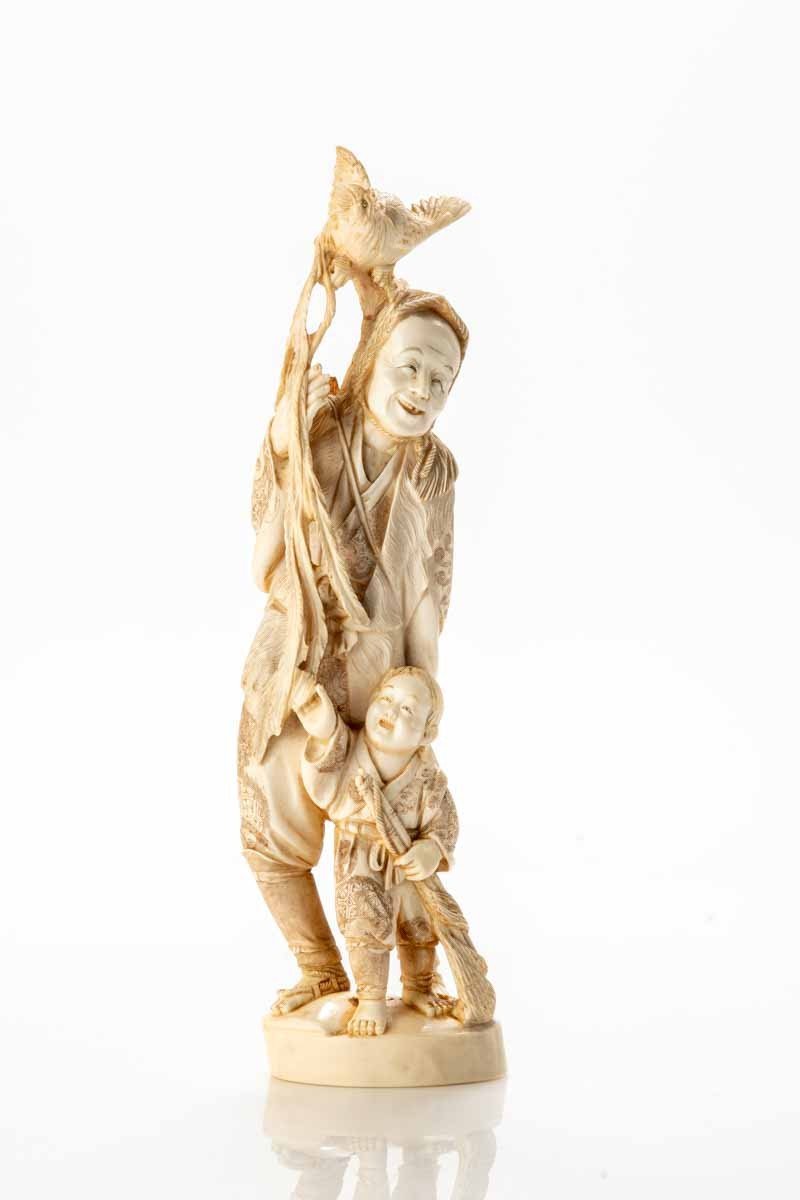 A Japanese Ivory Okimono Depicting A Hunter With An Onagadori Rooster-photo-2