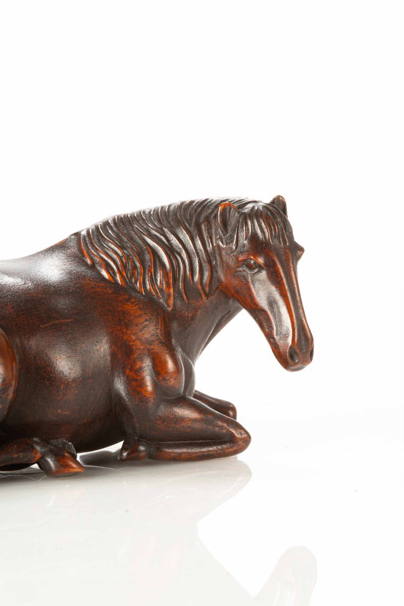 A Japanese Wooden Okimono Depicting A Lying Horse-photo-2