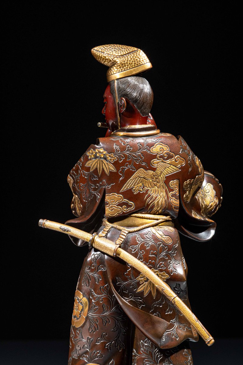 Okimono En Bronze Représentant Fujiwara No Yasumasa, Signé Miyao-photo-3