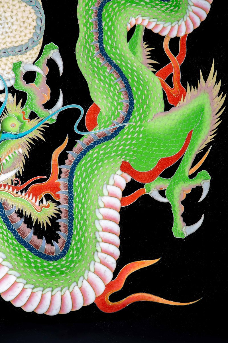 Plaque En Cloisonné Représentant Deux Dragons Ryu Avec Les Mâchoires Ouvertes-photo-2