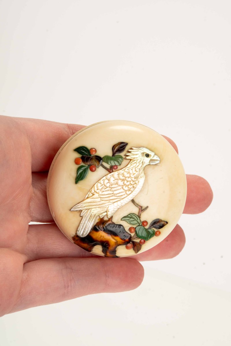 A Shibayama-inlaid Ivory Manju Netsuke Depicting A Falcon-photo-4