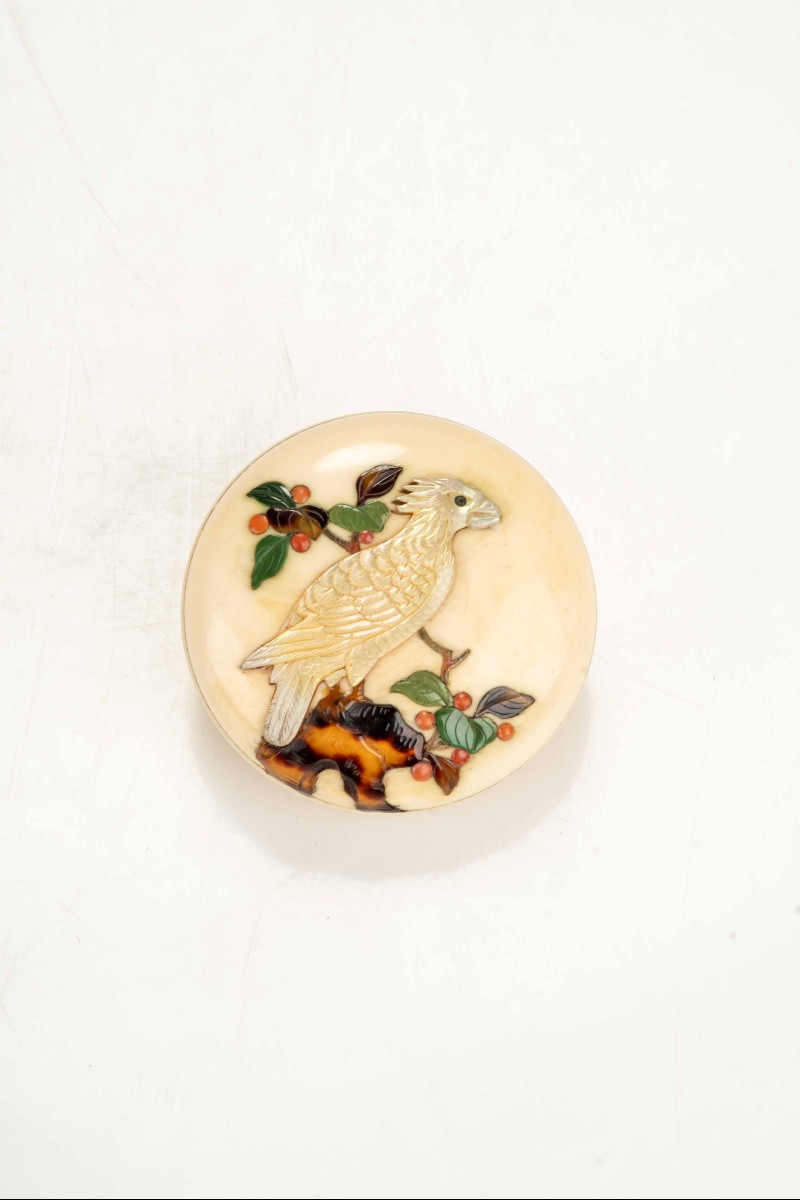 A Shibayama-inlaid Ivory Manju Netsuke Depicting A Falcon