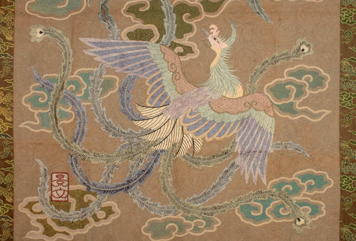 Tapisserie En Soie Brodée En Relief Représentant Un Couple De Phénix En Vol-photo-3