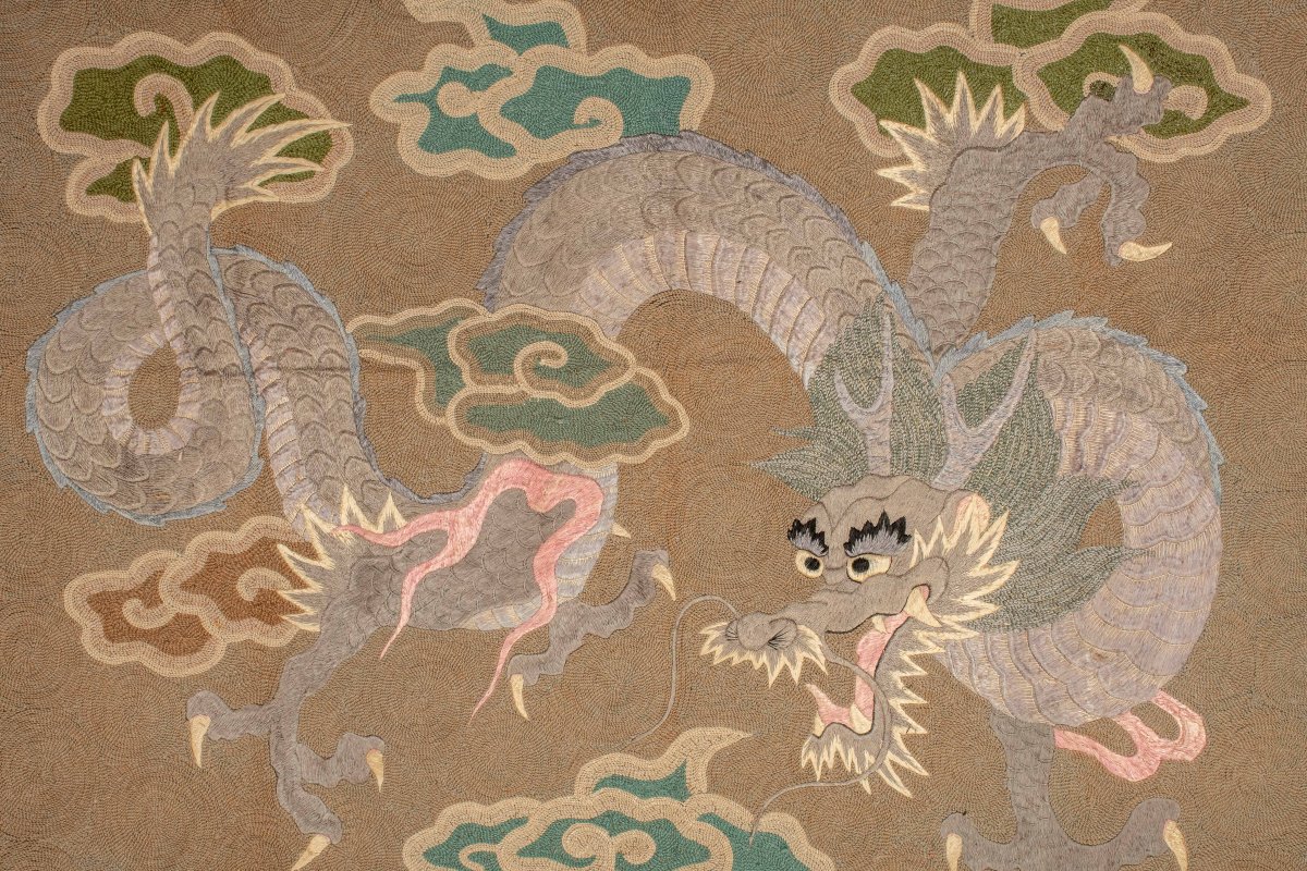 A Silk Tapestry With Raised Embroidery Depicting A Dragon And A Kirin Among The Clouds-photo-3