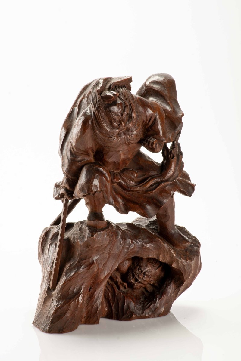 A Boxwood Okimono Depicting Shōki Attempting To Surprise An Oni-photo-4