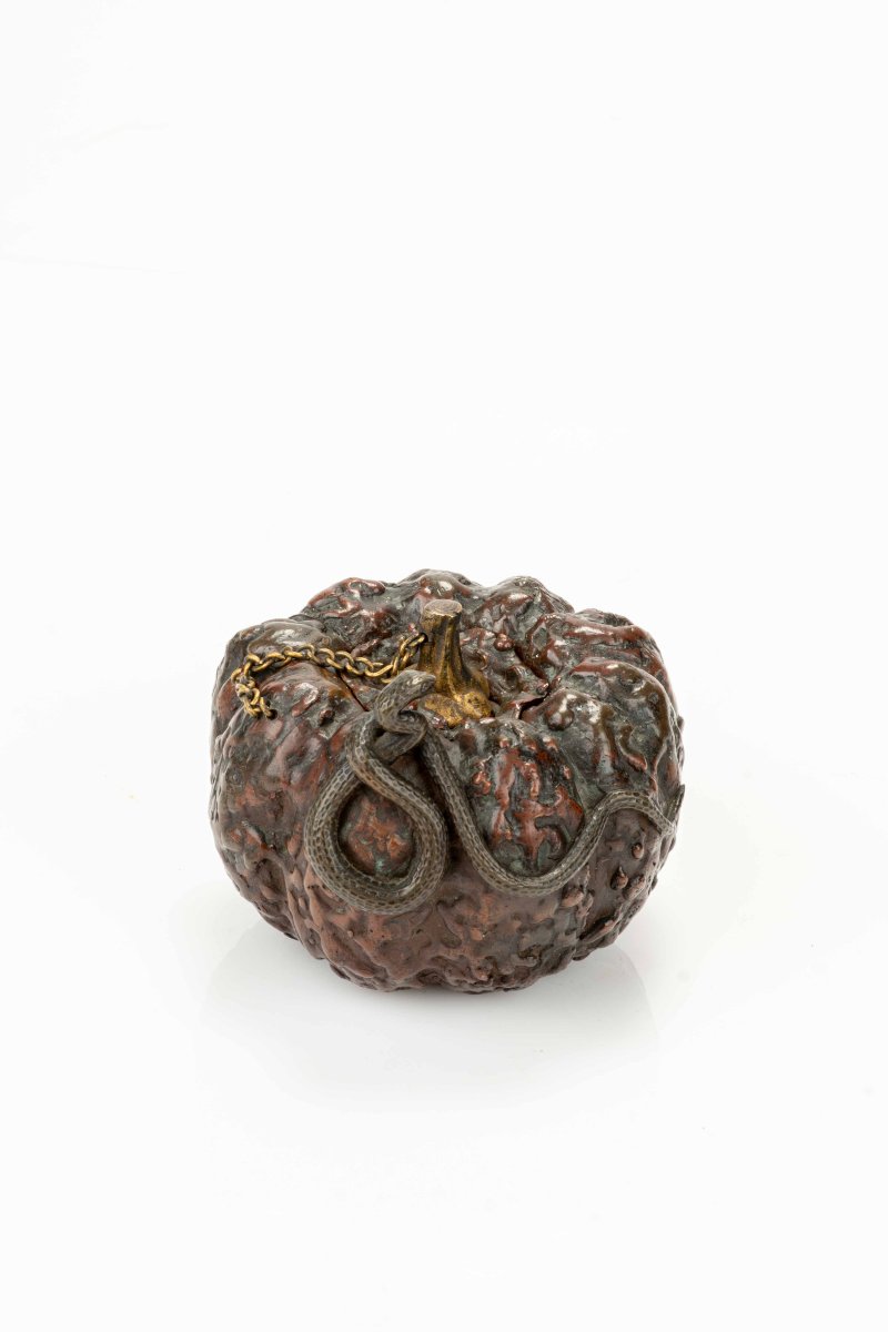 Suiteki en bronze en forme de gourde avec un serpent, signé Masayuki-photo-3