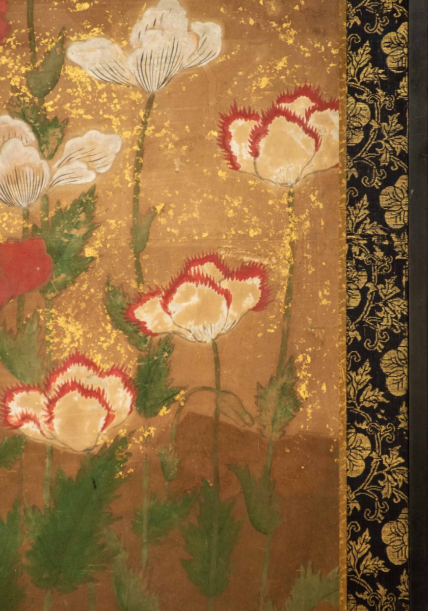 A Japanese Two-panel Gold-leaf Screen With Poppies, Rinpa School-photo-2