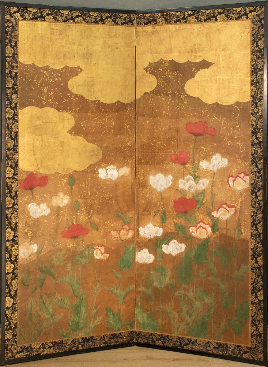 A Japanese Two-panel Gold-leaf Screen With Poppies, Rinpa School-photo-3