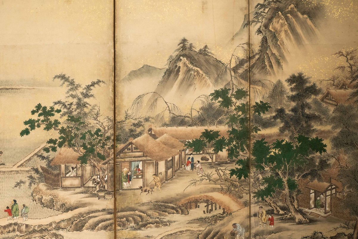 A Japanese Folding Screen Depicting A Landscape, Signed Eisho Kano-photo-2
