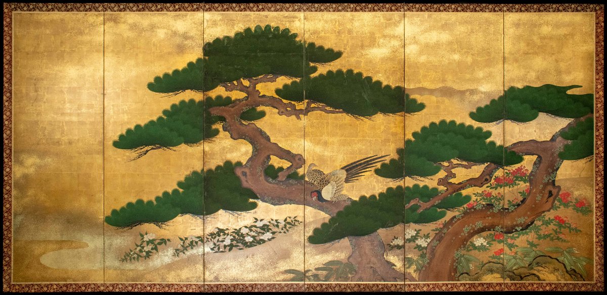 Paire de paravents pliants à six panneaux représentant deux pins (matsu)-photo-3