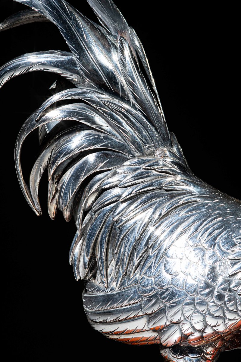 A Silvered Bronze Okimono Depicting A Rooster Signed Yoshiaki-photo-4