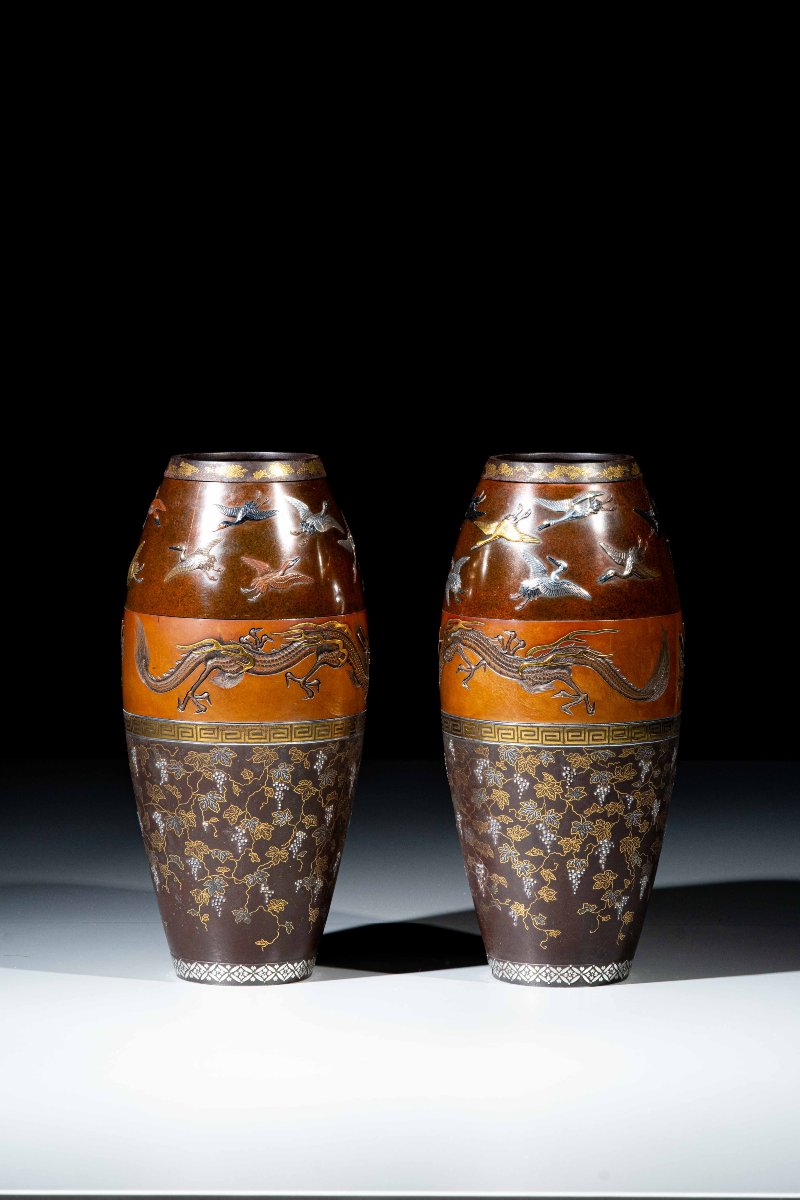 Paire de vases en fer et bronze signés Hamada Sei-photo-2