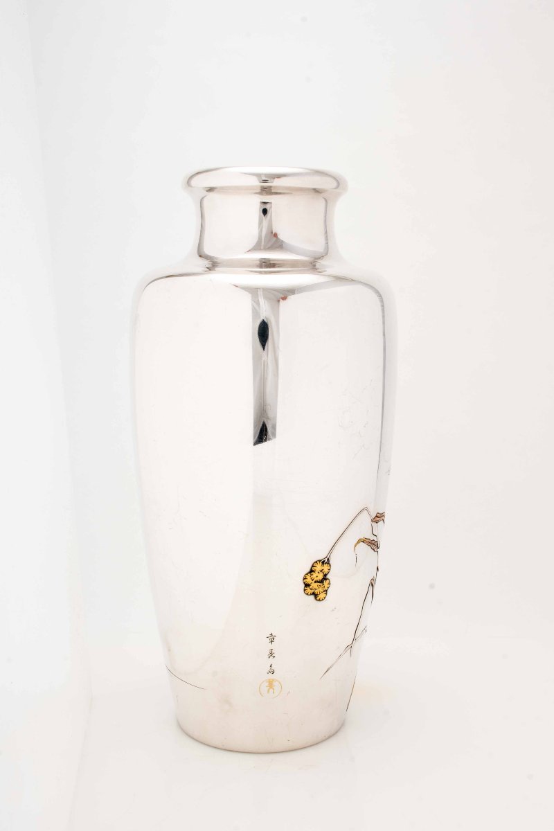 An Imperial Silver Vase With Egrets In Flight Signed Shoshu Sai For Miyamoto Company-photo-4