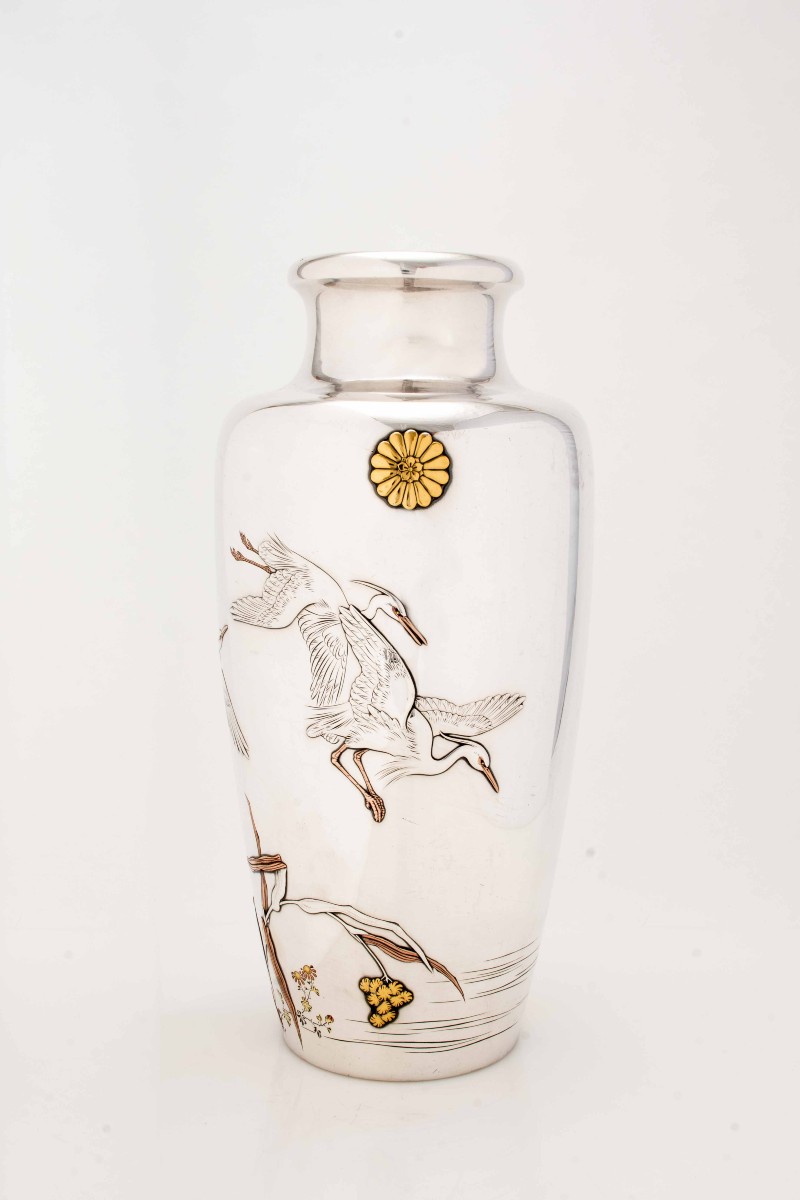 An Imperial Silver Vase With Egrets In Flight Signed Shoshu Sai For Miyamoto Company