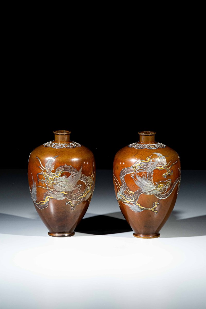 Paire de vases en bronze représentant deux dragons, Nogawa Company-photo-3