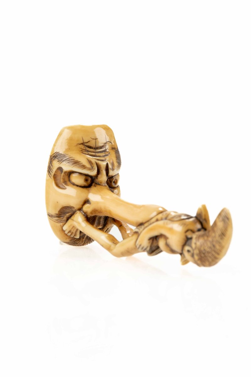 A Shunga Ivory Netsuke Depicting A Monk Seated On The Nose Of Tengu, Signed Masayuki-photo-2