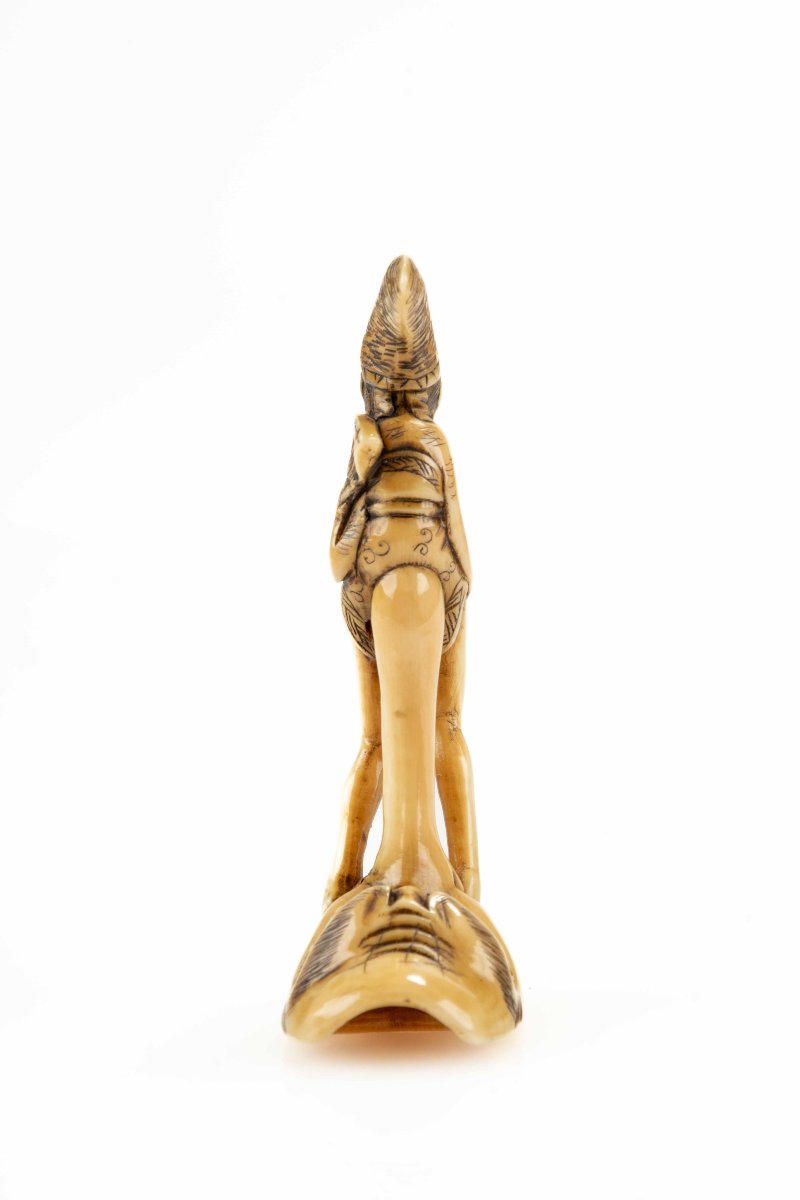 A Shunga Ivory Netsuke Depicting A Monk Seated On The Nose Of Tengu, Signed Masayuki-photo-1
