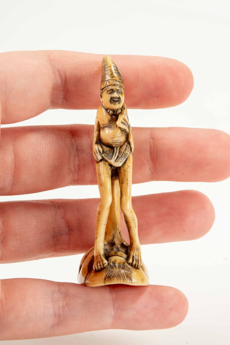 A Shunga Ivory Netsuke Depicting A Monk Seated On The Nose Of Tengu, Signed Masayuki-photo-2