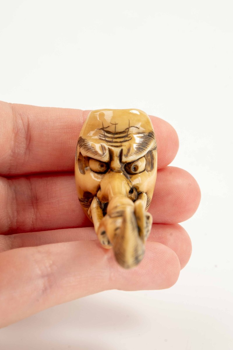 A Shunga Ivory Netsuke Depicting A Monk Seated On The Nose Of Tengu, Signed Masayuki-photo-3