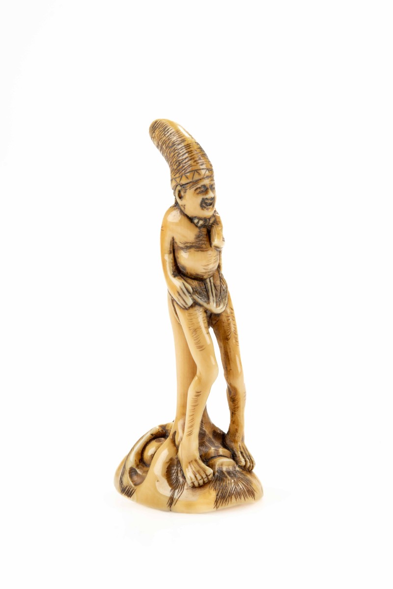 A Shunga Ivory Netsuke Depicting A Monk Seated On The Nose Of Tengu, Signed Masayuki