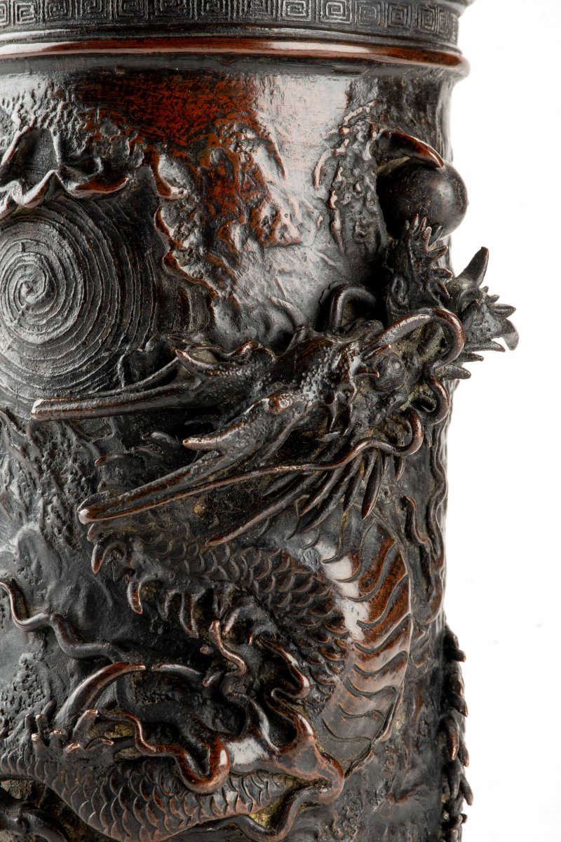 A Bronze Vase Depicting A Ryū Dragon In Relief Among Swirling Waves-photo-2
