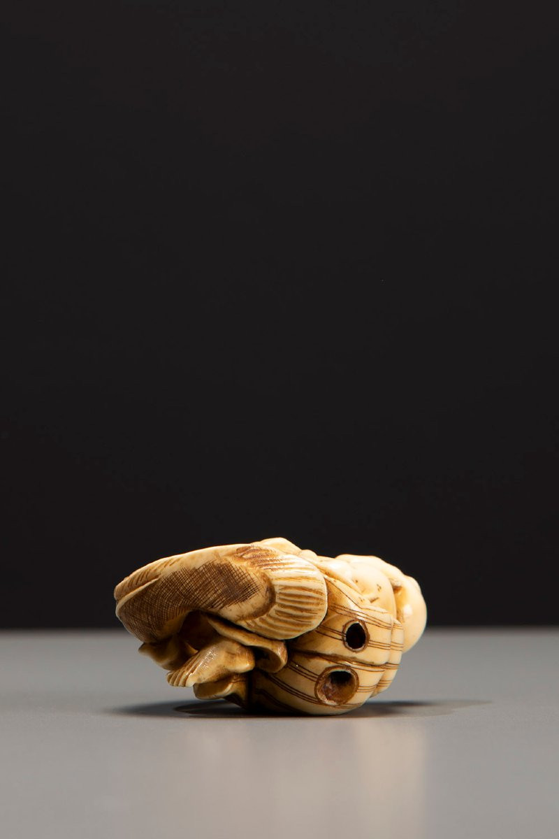 Netsuke en ivoire représentant Kadori Myojin tentant de maîtriser Namazu-photo-1