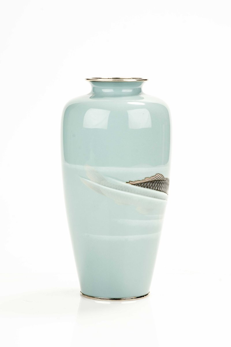 Vase en cloisonné émaillé moriage représentant trois carpes koi -photo-4