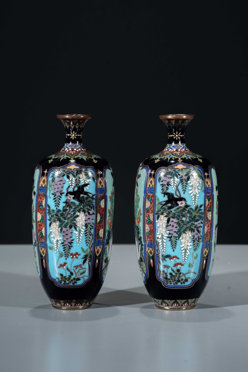 A Pair Of Cloisonné Vases With Naturalistic Floral Decoration