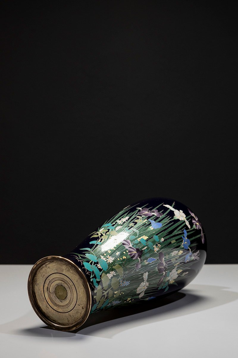 A Cloisonné Vase With A Composition Of Irises And Aquatic Plants-photo-2