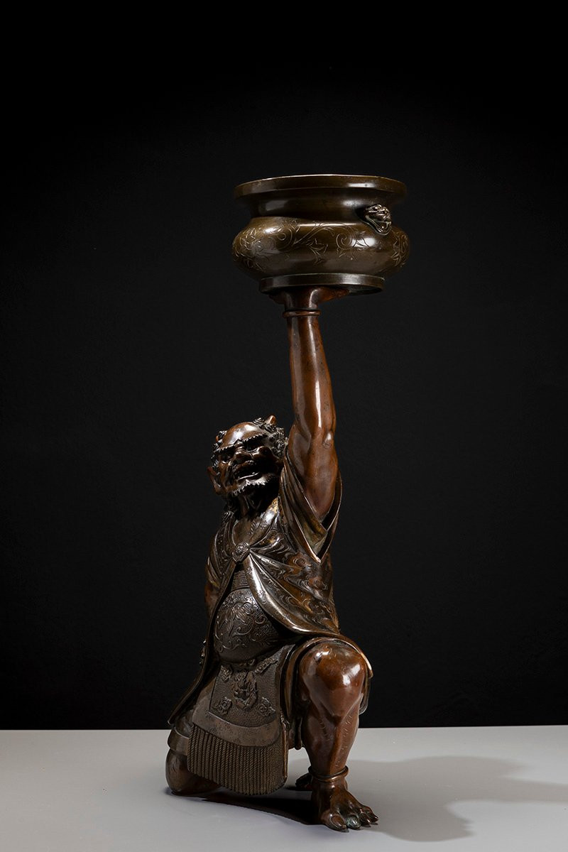 A Japanese Bronze Sculpture Depicting An Oni With A Ceremonial Koro-photo-2