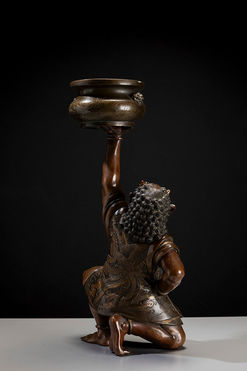 A Japanese Bronze Sculpture Depicting An Oni With A Ceremonial Koro-photo-4