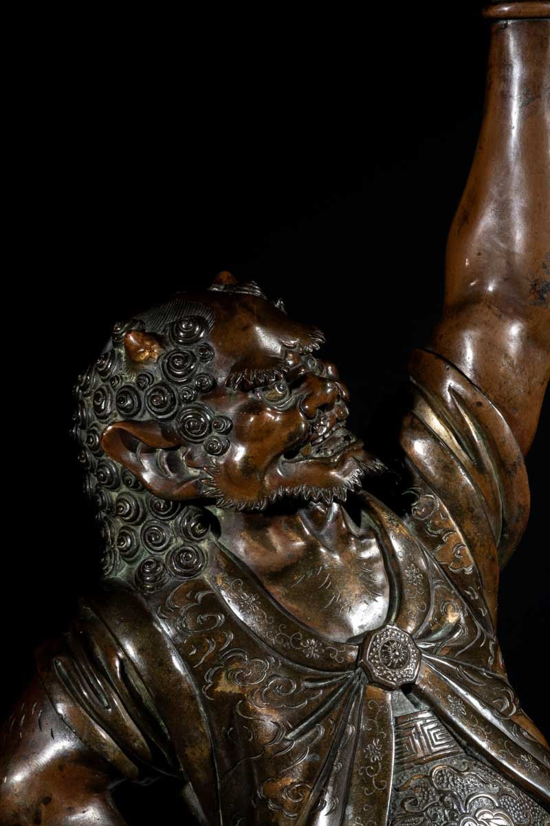 A Japanese Bronze Sculpture Depicting An Oni With A Ceremonial Koro-photo-2