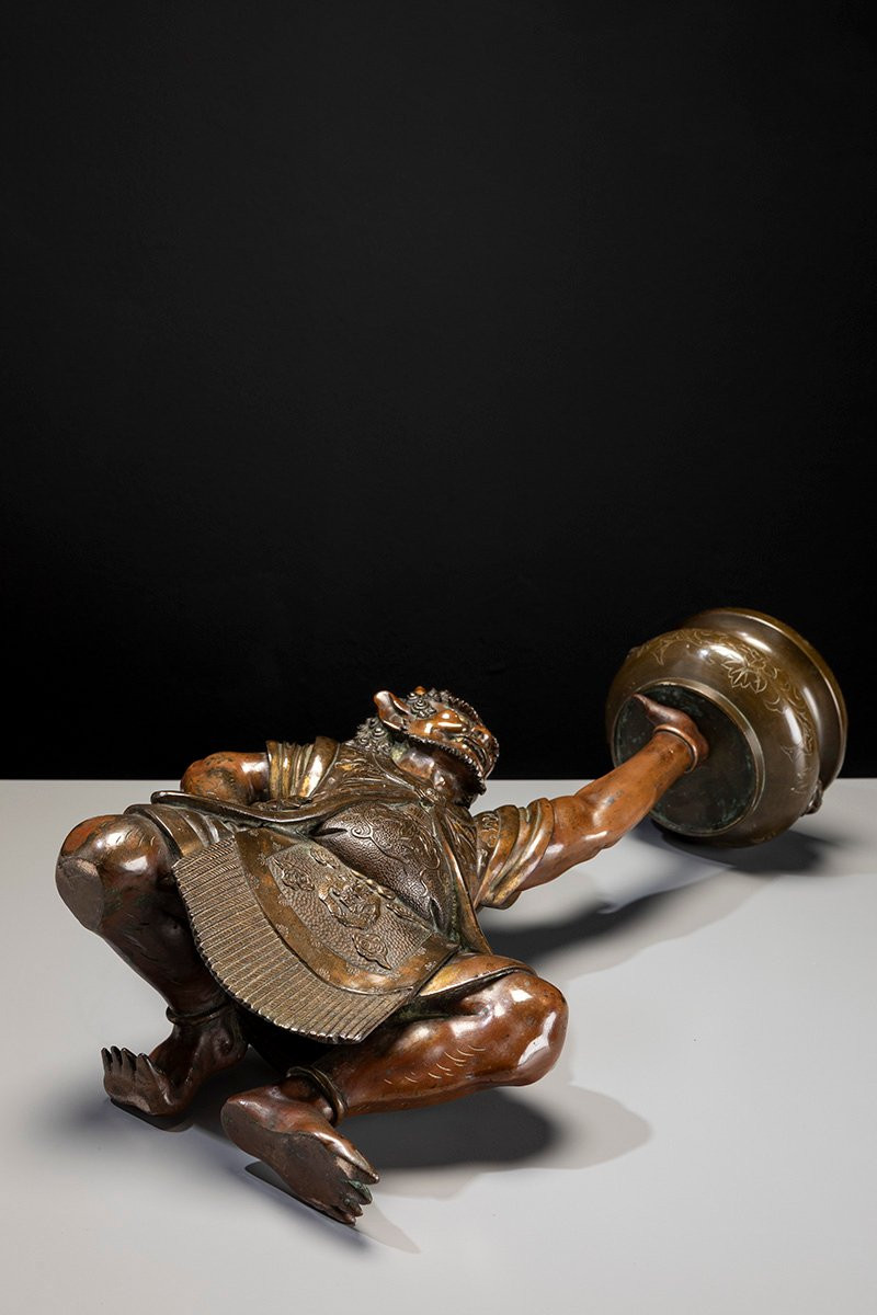A Japanese Bronze Sculpture Depicting An Oni With A Ceremonial Koro-photo-5