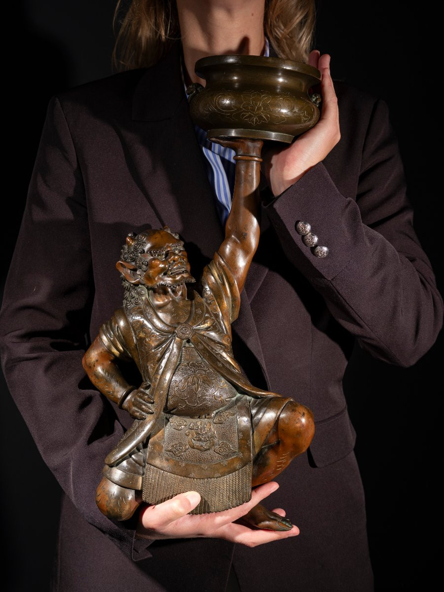 A Japanese Bronze Sculpture Depicting An Oni With A Ceremonial Koro-photo-6