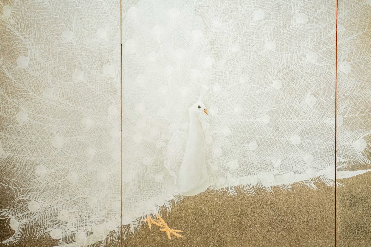 A Four-panel Folding Screen Depicting A White Peacock, Signed Yukihiko Kurihara-photo-4