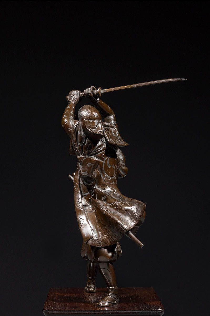 A Bronze Okimono Depicting A Samurai With A Drawn Katana, Signed Yoshimitsu-photo-1