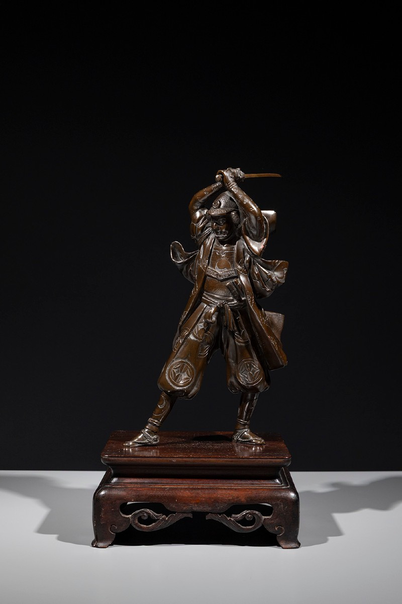 A Bronze Okimono Depicting A Samurai With A Drawn Katana, Signed Yoshimitsu