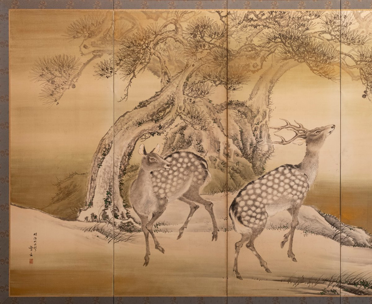 A Six-panel Screen Depicting A Pair Of Deer In A Winter Landscape-photo-2