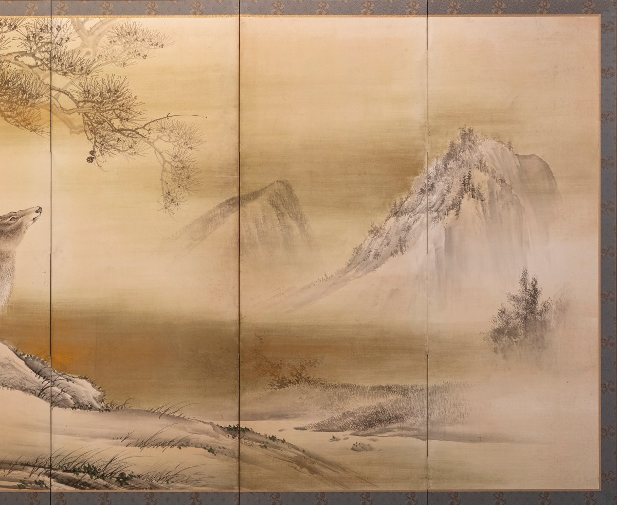 A Six-panel Screen Depicting A Pair Of Deer In A Winter Landscape-photo-3