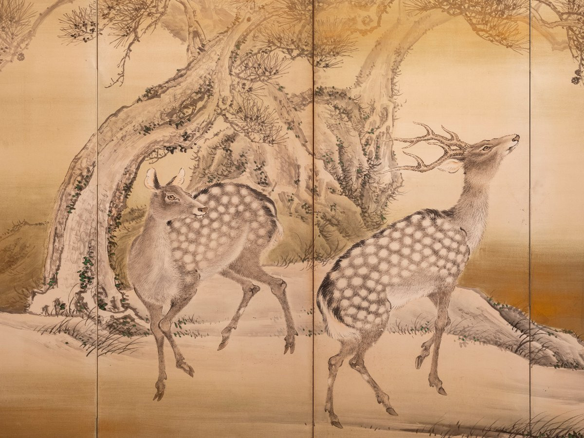 A Six-panel Screen Depicting A Pair Of Deer In A Winter Landscape-photo-1