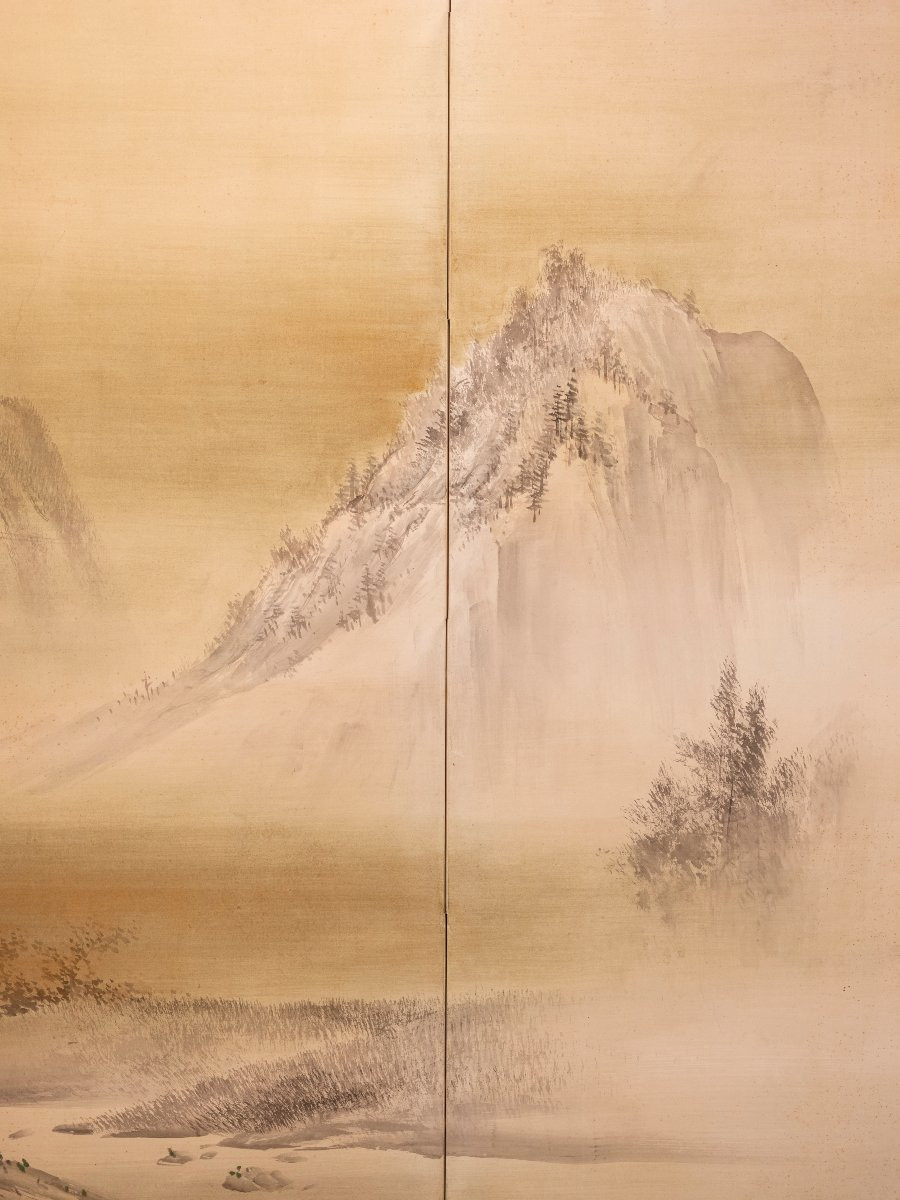 A Six-panel Screen Depicting A Pair Of Deer In A Winter Landscape-photo-3