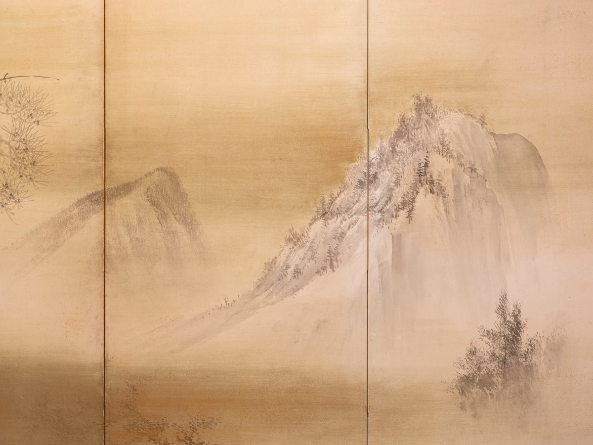 A Six-panel Screen Depicting A Pair Of Deer In A Winter Landscape-photo-4